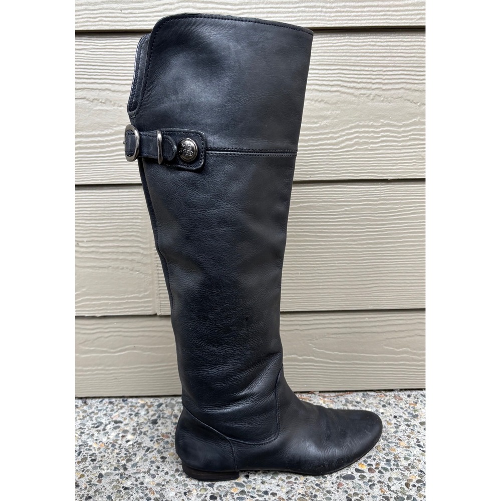 Coach Benita‎ Black Soft Leather Tall Knee High Boots Flat Buckle Women's 6.5 B